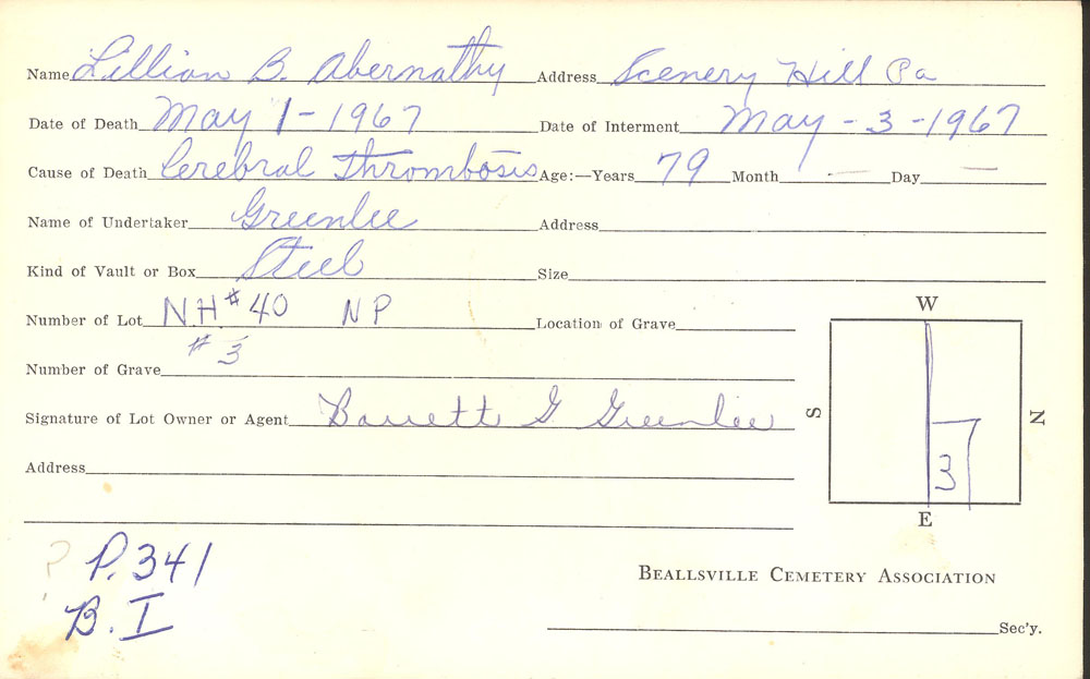 Lillian Abernathy burial card